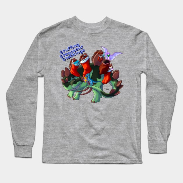 HoliDinos: Stuffing Stegosaur Stockings {Text} Long Sleeve T-Shirt by tygerwolfe